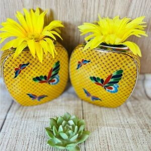 Takahashi Japanese Yellow Ikebana Cloisonne Butterfly Ceramic Vases 2pc